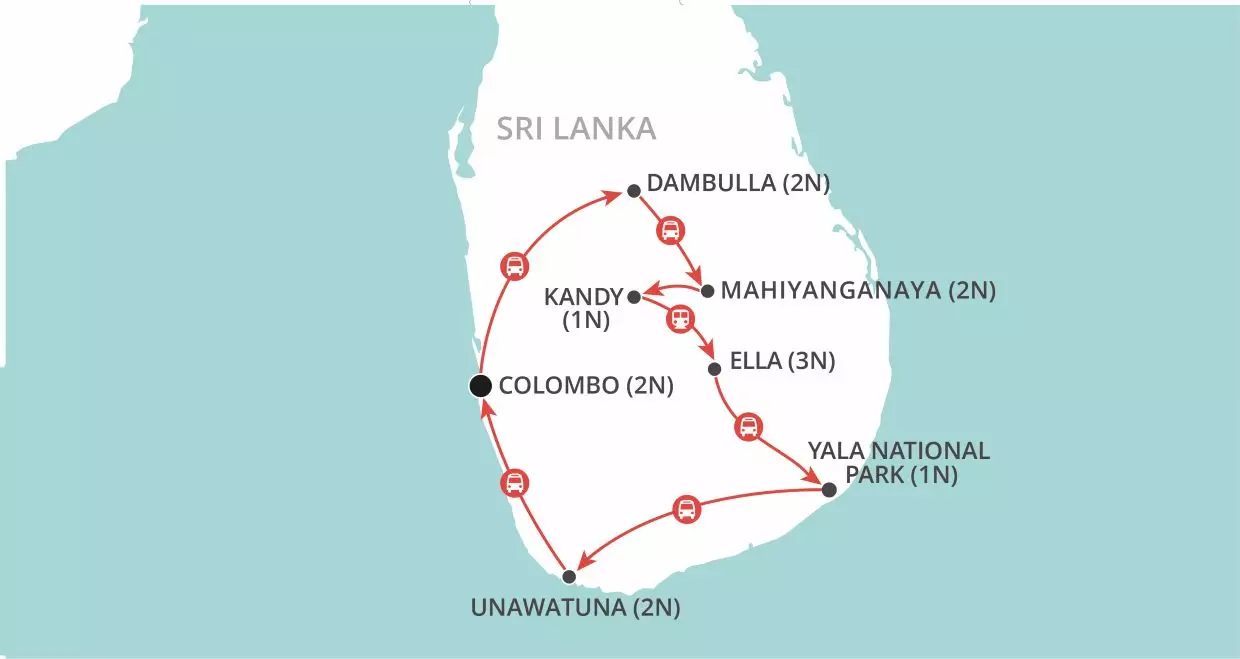 Treasures of Sri Lanka Private Tour map