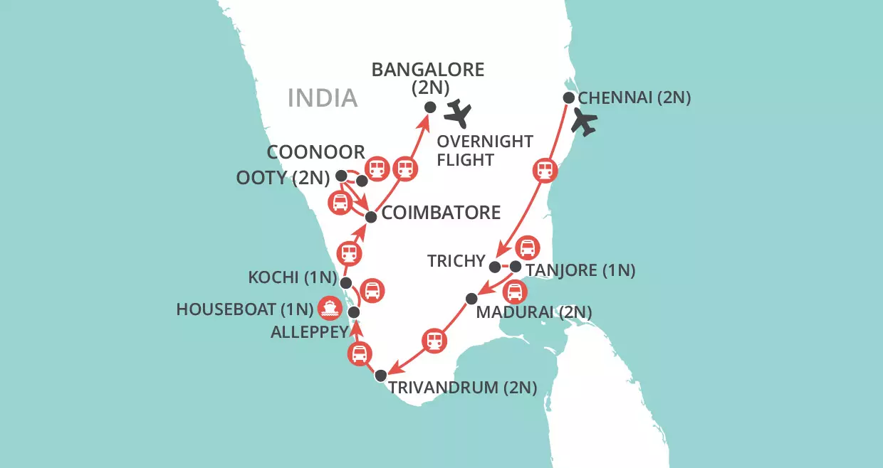 Southern India by Rail map