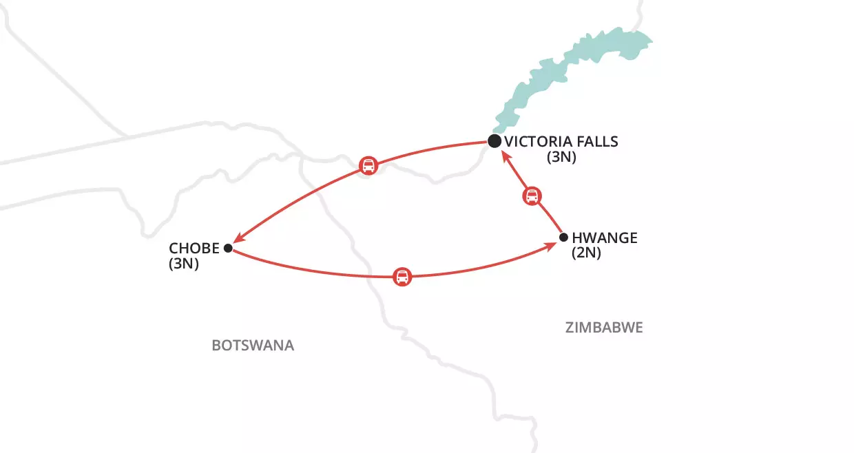 Wonders of Botswana & Zimbabwe  map