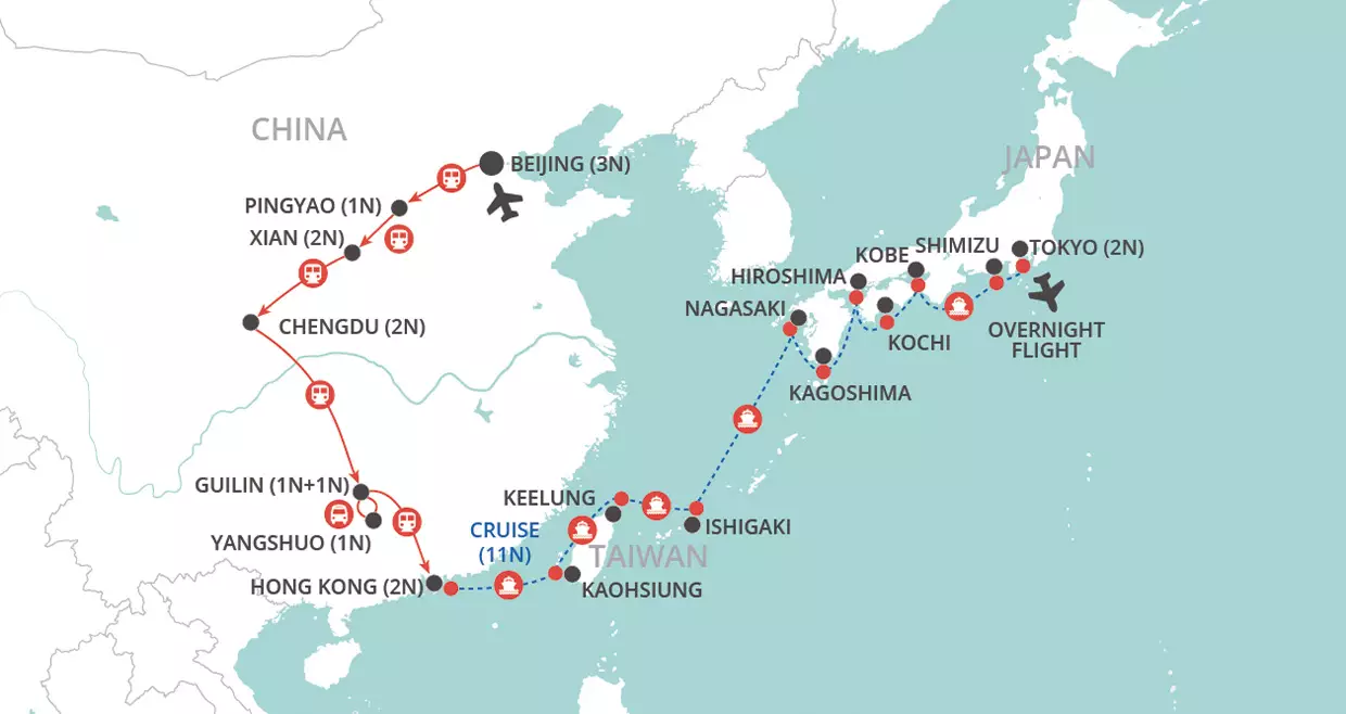 China by Rail, Japan by Sea map